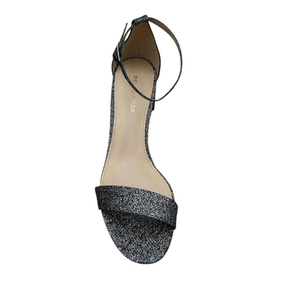 Pelle Moda Womens Monroe Sandal 8 Metallic Black Finished Block Heel Ankle Strap